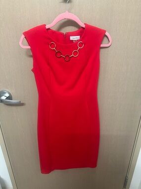 Calvin Klein Red Midi Sheath Dress with Gold Ring Necklace Detail size 2